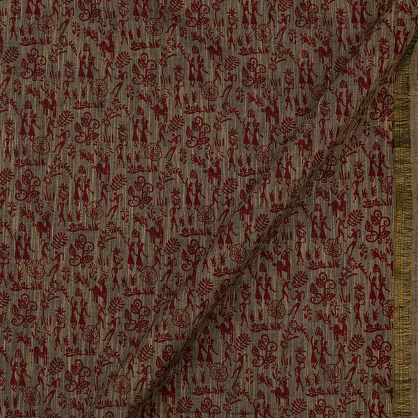 Warli Print on Two Side Bordered Slub Cotton Beige X Black Cross Tone Fabric Online 9483AW2