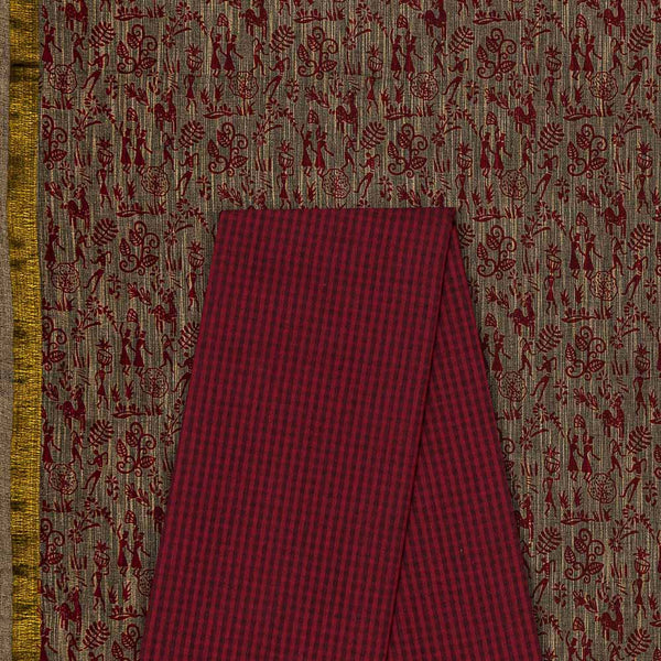 Two Pc Set Of Slub Cotton Two Side Bordered Printed Fabric & South Cotton Mini Check Fabric [2.5 Mtr Each]