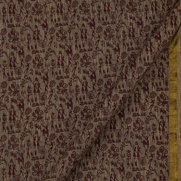 Warli Print on Two Side Bordered Slub Cotton Beige X Black Cross Tone Fabric Online 9483AW3