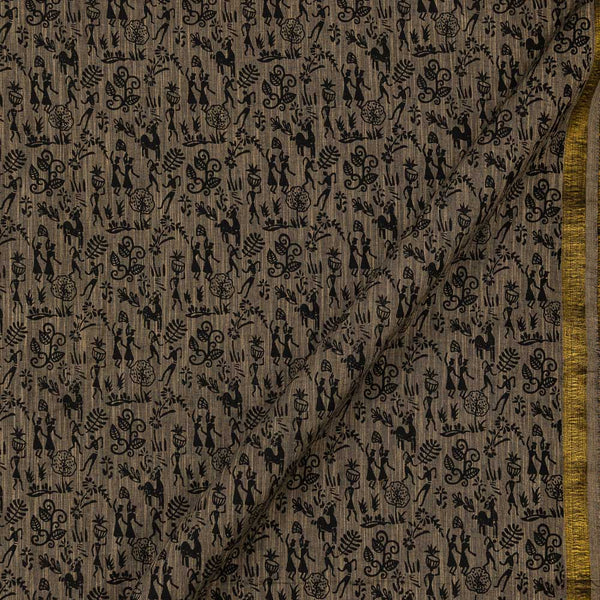 Warli Print on Two Side Bordered Slub Cotton Beige X Black Cross Tone Fabric Online 9483AW4