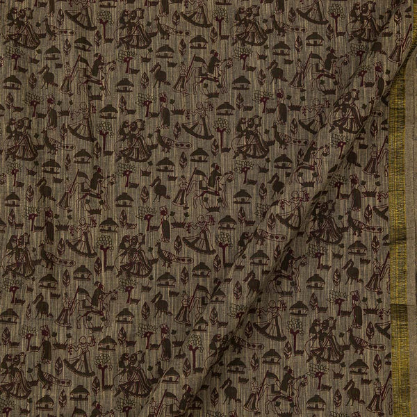 Warli Print on Two Side Bordered Slub Cotton Beige X Black Cross Tone Fabric Online 9483AY1