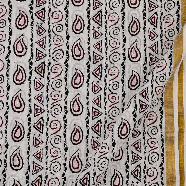 Paisley With Two Side Border Print On Textured Two Ply White Colour Cotton Fabric Online 9483X3