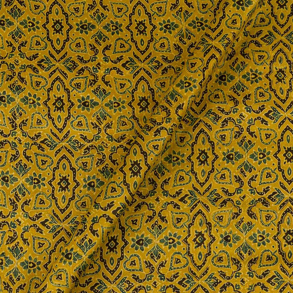 Ajrakh Pattern Natural Dyed Mashru Gaji Mustard Yellow Colour Block Print Fabric