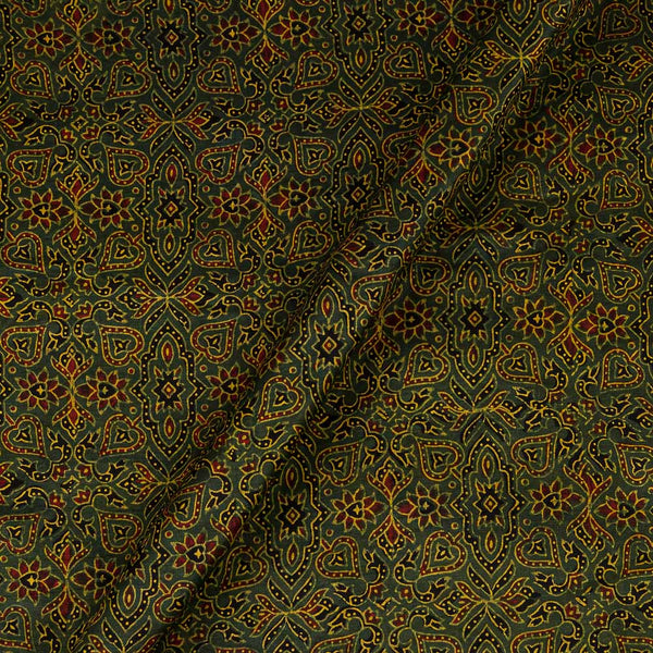 Ajrakh Pattern Natural Dyed Mashru Gaji Bottle Green Colour Block Print Fabric