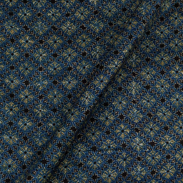 Ajrakh Pattern Natural Dyed Mashru Gaji Steel Blue Colour Block Print Fabric