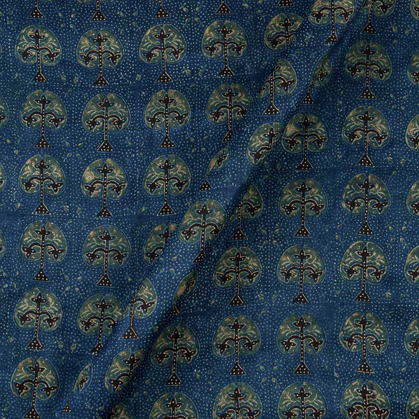 Ajrakh Pattern Natural Dyed Mashru Gaji Steel Blue Colour Tree Motif Block Print Fabric Online 9506TO