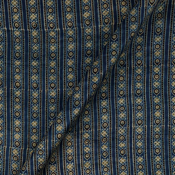 Ajrakh Pattern Natural Dyed Mashru Gaji Steel Blue Colour All Over Border Block Print Fabric