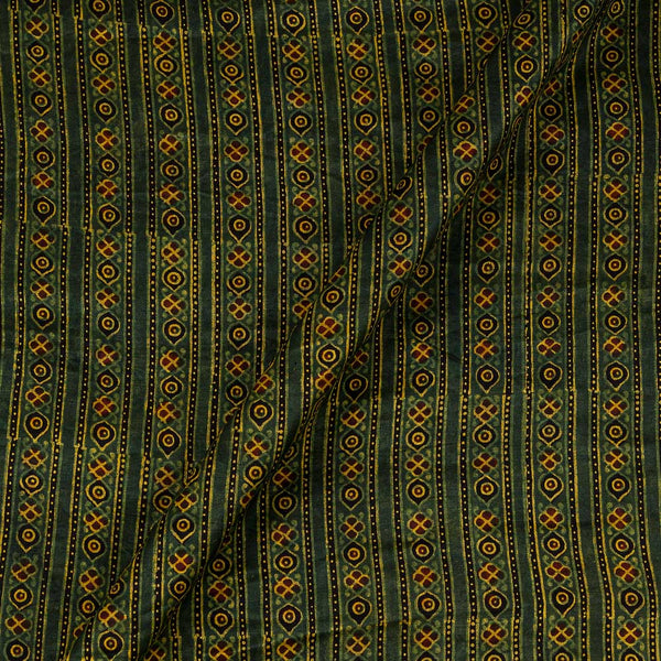 Ajrakh Pattern Natural Dyed Mashru Gaji Bottle Green Colour All Over Border Block Print Fabric Cut Of 0.90 Meter