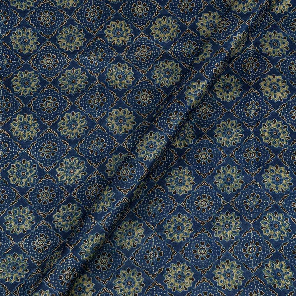 Ajrakh Pattern Natural Dyed Mashru Gaji Steel Blue Colour Block Print Fabric