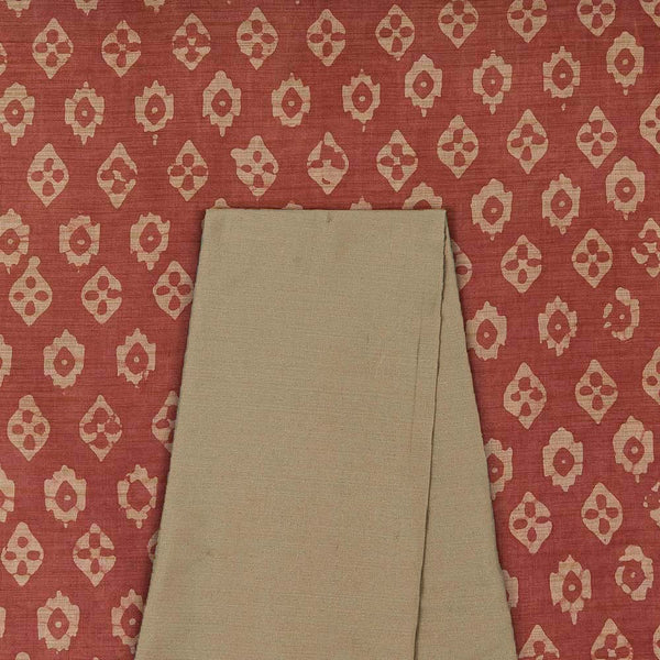 Two Pc Set Of Fancy Bhagalpuri Blended Cotton Batik Printed Fabric & Spun Cotton (Banarasi PS Cotton Silk) Plain Fabric [2.50 Mtr Each]