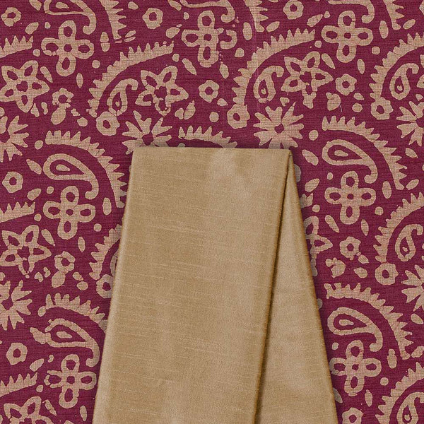 Set Of Fancy Bhagalpuri Blended Cotton Purple Rose Colour Paisley Batik Print  & Banarasi Raw Silk [Artificial Dupion] Plain Fabric Unstitched Two Piece Dress Material [2.5 Mtr Each]