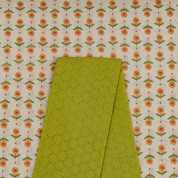 Two Pc Set Of Cotton Printed Fabric & Cotton Schiffli Cut Work Fabric [2.50 Mtr Each]