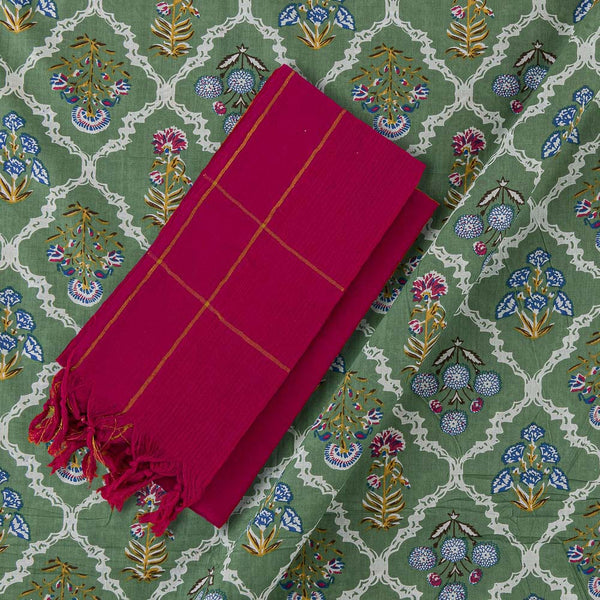 3Pc Unstitched Suit Set [Cotton Jaipuri Floral Print Top, South Cotton Dupatta and Bottom]