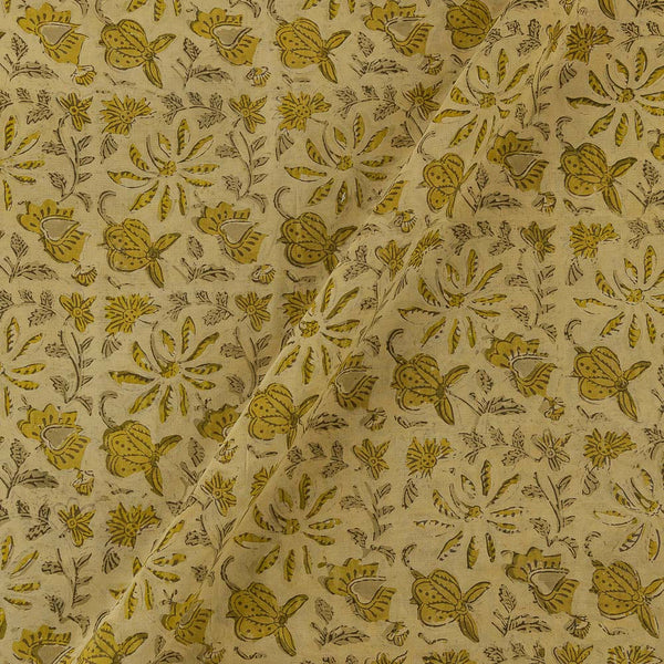 Assam Silk Feel Vanaspati [Natural Dye] Lime Yellow Colour Floral Hand Block Print 45 Inches Width Fabric