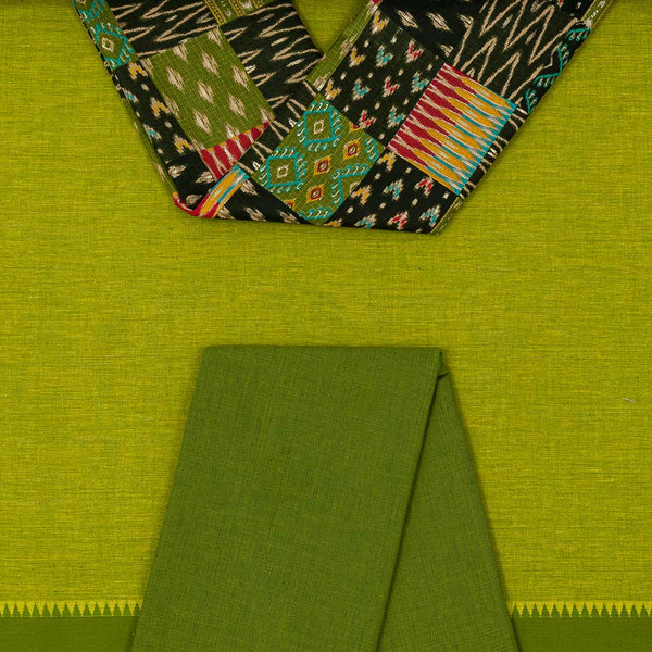 Lime Green Colour Two Side Green Temple Border South Cotton Top, Green X Yellow Cross Tone Plain Two Ply Cotton Bottom and Multi Colour Patchwork Printed Dupatta Unstitched Three Piece Dress Material Online ST-9579BJ-9277CQ-9023W