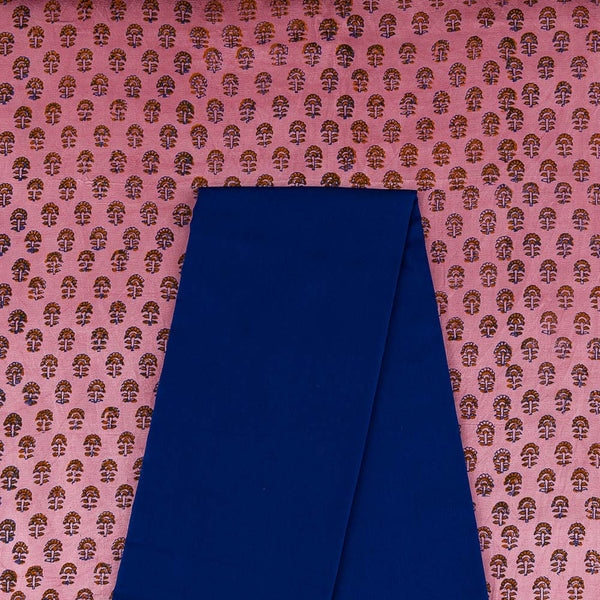 Two Pc Set Of Mashru Gaji Hand Block Printed Fabric & Cotton Satin [Malai Satin] Plain Fabric [2.50 Mtr Each]