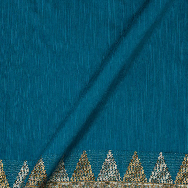 Spun Dupion (Artificial Raw Silk) Aqua Blue X Black Cross Tone Golden Paisley Jacquard Daman Border Fabric Online 9610K6