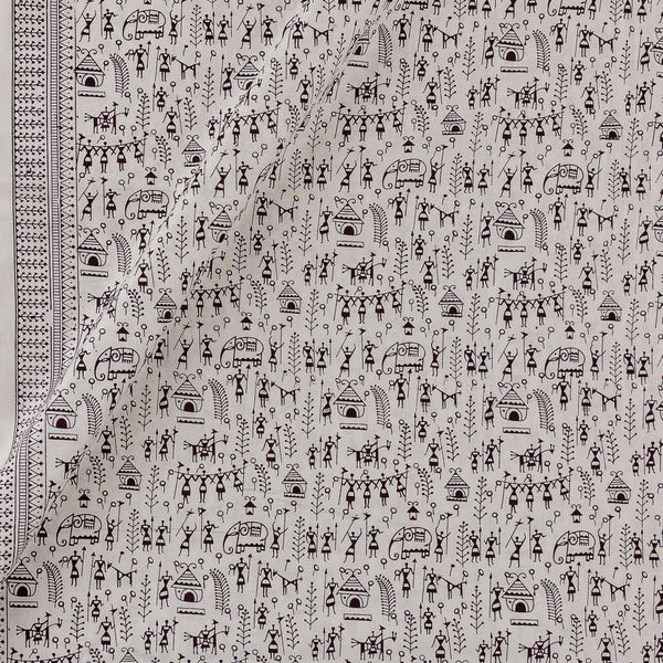 Warli with One Side Border Print on White Colour Rayon Fabric Online 9612H1