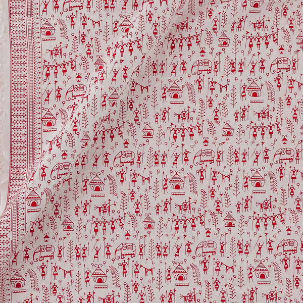 Warli with One Side Border Print on White Colour Rayon Fabric Online 9612H2