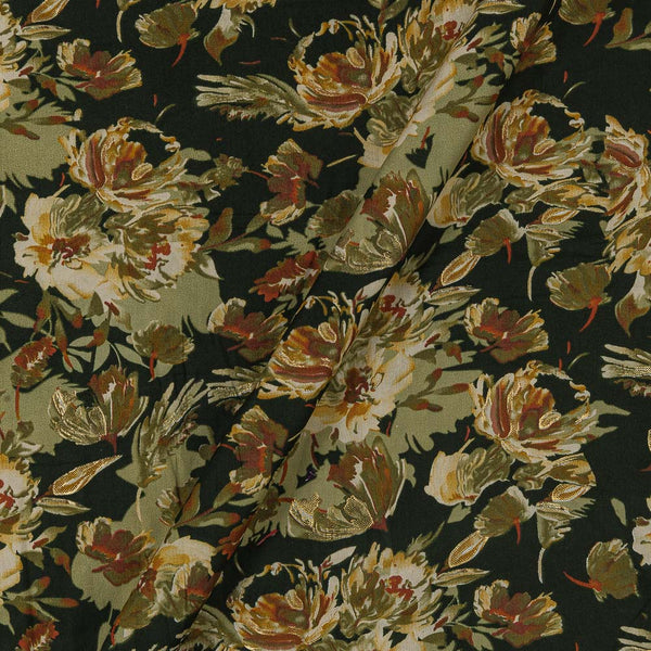 Bottle Green Colour Floral with Gold Foil Print Rayon Fabric Online 9617M2