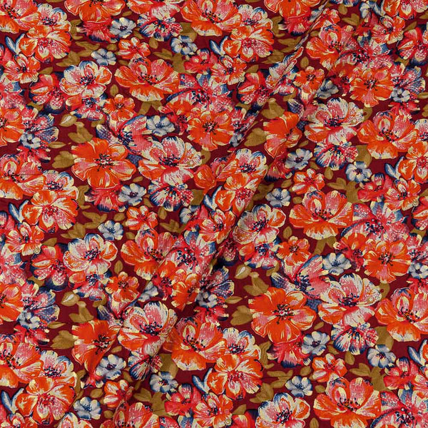 Cherry Red Colour Floral with Gold Foil Print Rayon Fabric Online 9617N1