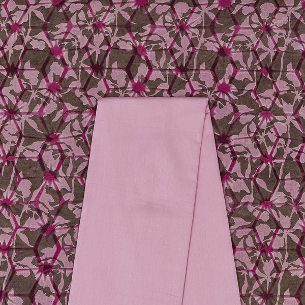 Two Pc Set Of Cotton Coloured Dabu Hand Block Printed Fabric & Cotton Satin [Malai Satin] Plain Fabric [2.5 Mtr Each]
