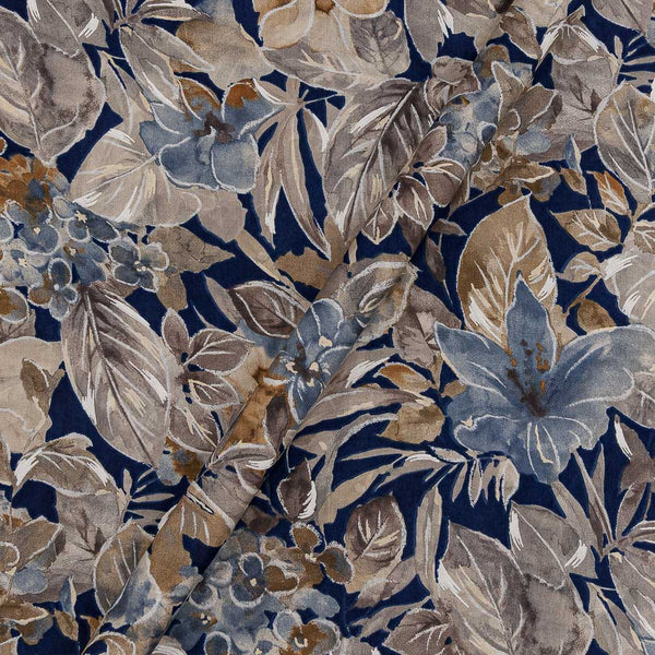 Cotton Dark Blue Colour Leaves Gold Foil Print 43 Inches Width Fabric