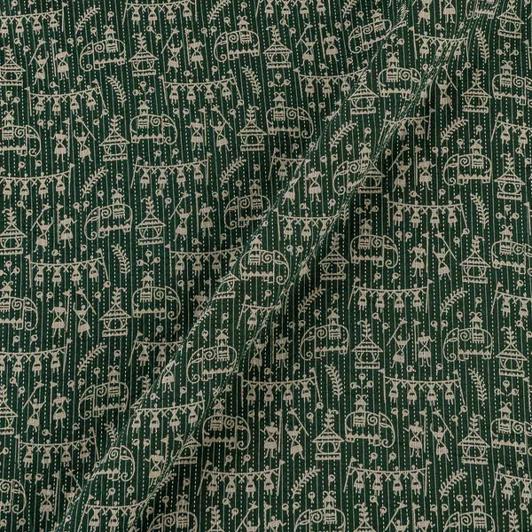 Cotton Dark Green Colour Elephant Motif with Warli Print 42 Inches Width Kantha Doriya Fabric