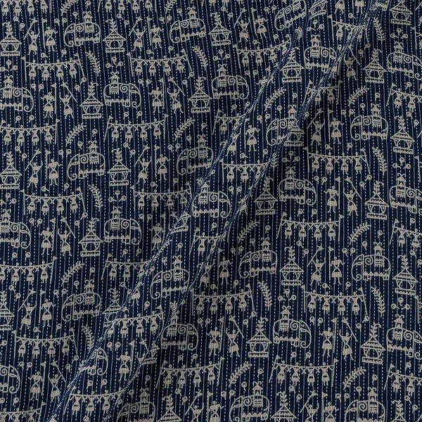 Cotton Dark Blue Colour Elephant Motif with Warli Print 43 Inches Width Kantha Doriya Fabric