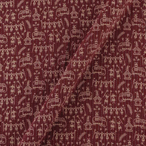 Cotton Maroon Colour Elephant Motif with Warli Print 43 Inches Width Kantha Doriya Fabric
