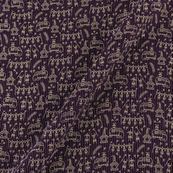 Cotton Deep Purple Colour Elephant Motif with Warli Print Kantha Doriya Fabric