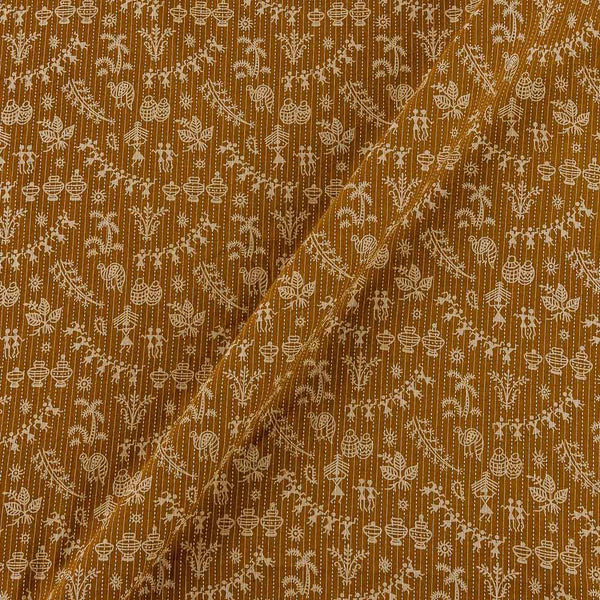 Cotton Mustard Brown Colour Warli Print 43 Inches Width Kantha Doriya Fabric