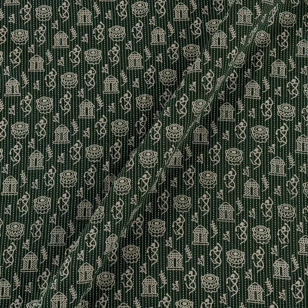 Cotton Dark Green Colour Warli Print Kantha Doriya 43 Inches Width Fabric