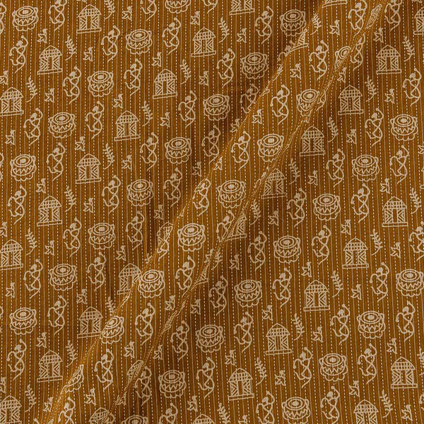 Cotton Mustard Brown Colour Warli Print Kantha Doriya 43 Inches Width Fabric