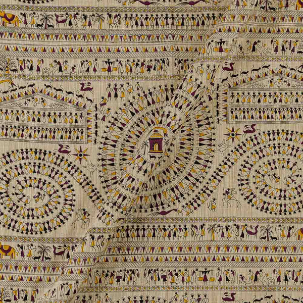 Warli Print on Beige Colour Slub Katri Fancy Cotton Silk Fabric Online 9694AA1