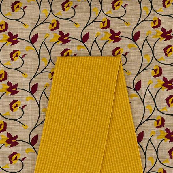 Two Pc Set Of Slub Katri Fancy Cotton Silk Printed Fabric & South Cotton Mini Check Fabric