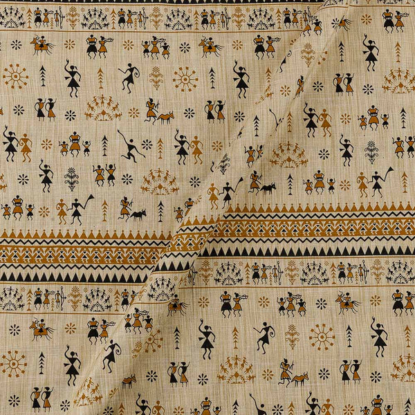 Warli Print on Beige Colour Slub Katri Fancy Cotton Silk Fabric Online 9694M