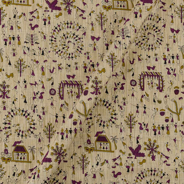 Warli Print on Beige Colour Slub Katri Fancy Cotton Silk Fabric Online 9694N