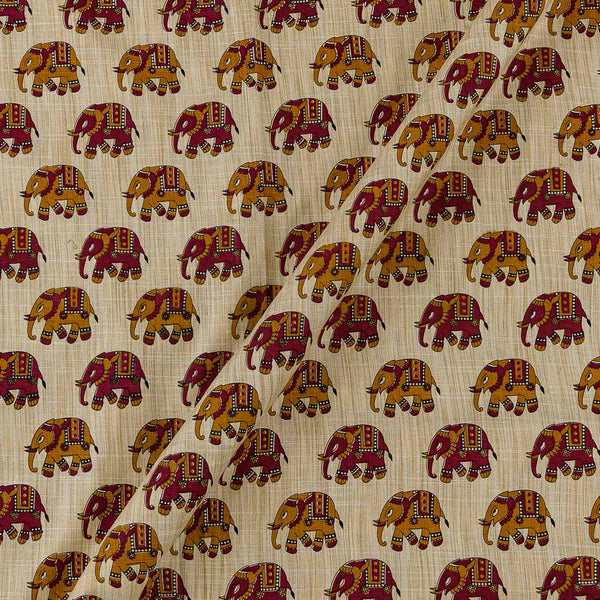 Elephant Motif Print on Beige Colour Slub Katri Fancy Cotton Silk Fabric Online 9694Q2