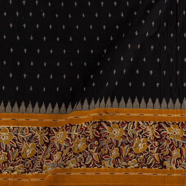 Buy Handloom Cotton Double Ikat Black Colour with Kalamkari on Daman Border Fabric Online 9701U