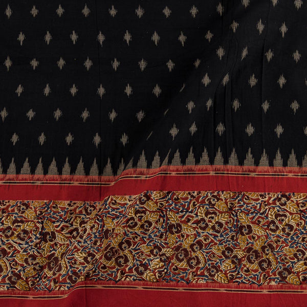 Buy Handloom Cotton Double Ikat Black Colour with Kalamkari on Daman Border Fabric Online 9701W