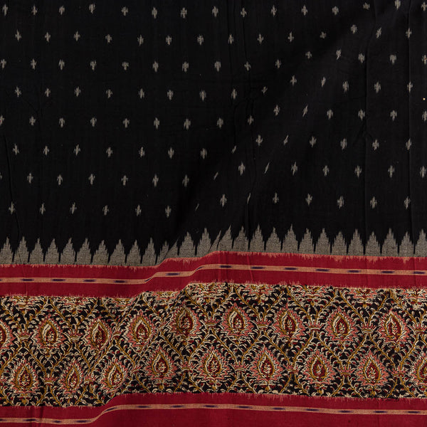 Buy Handloom Cotton Double Ikat Black Colour with Kalamkari on Daman Border Fabric Online 9701X
