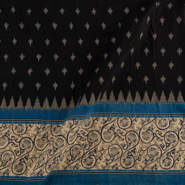 Buy Handloom Cotton Double Ikat Black Colour with Kalamkari on Daman Border Fabric Online 9701Y
