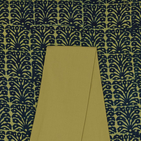Two Pc Set Of Coloured Dabu Rayon Fabric & Lizzy Bizzy Plain Fabric [2.50 Mtr Each]
