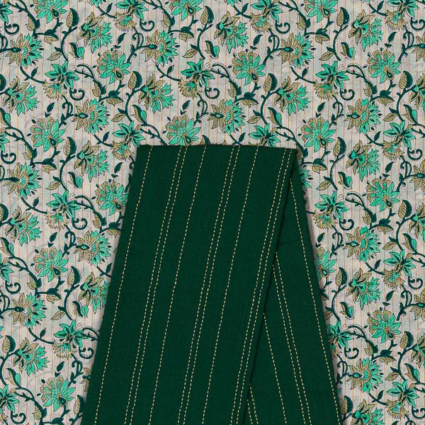 Two Pc Set Of Cotton Block Print with Lurex Fabric & Cotton Kantha Jacquard Striped Fabric