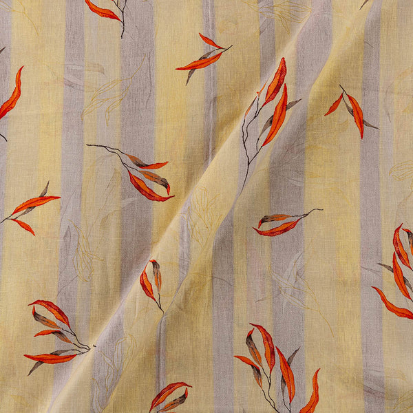 Flex Cotton Pale Yellow and Grey Colour Stripes with Leaves Print Fabric Online 9732AP2