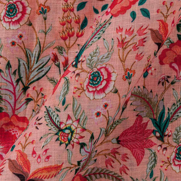 Peach Pink Colour Floral Print Cotton Linen Fabric
