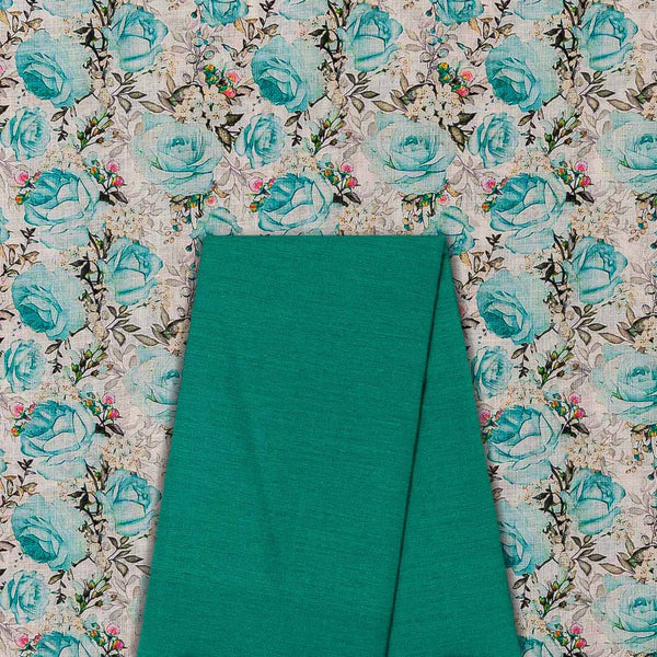 Two Pc Set Of Cotton Linen Feel Printed Fabric & Spun Cotton (Banarasi PS Cotton Silk) Plain Fabric [2.50 Mtr Each]