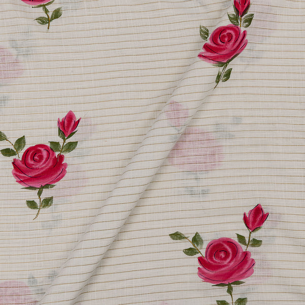 Hand Brush Floral Print with Gold Foil on Off White Colour Stripes Slub Cotton Fabric Online 9757S