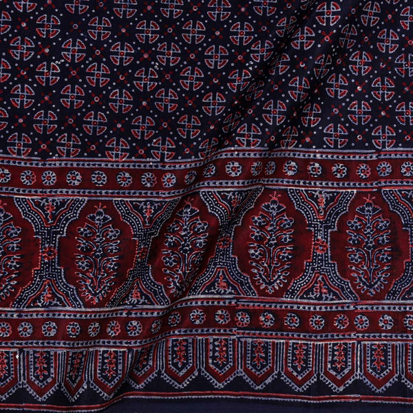 Mashru Gaji Midnight Blue Colour Ajrakh Hand Block Print with Daman Border 50 Inches Width Fabric